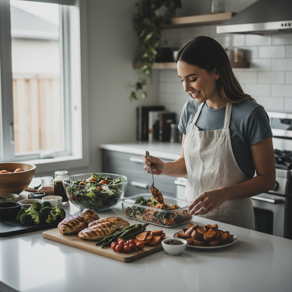 Woman preparing meal prep containers